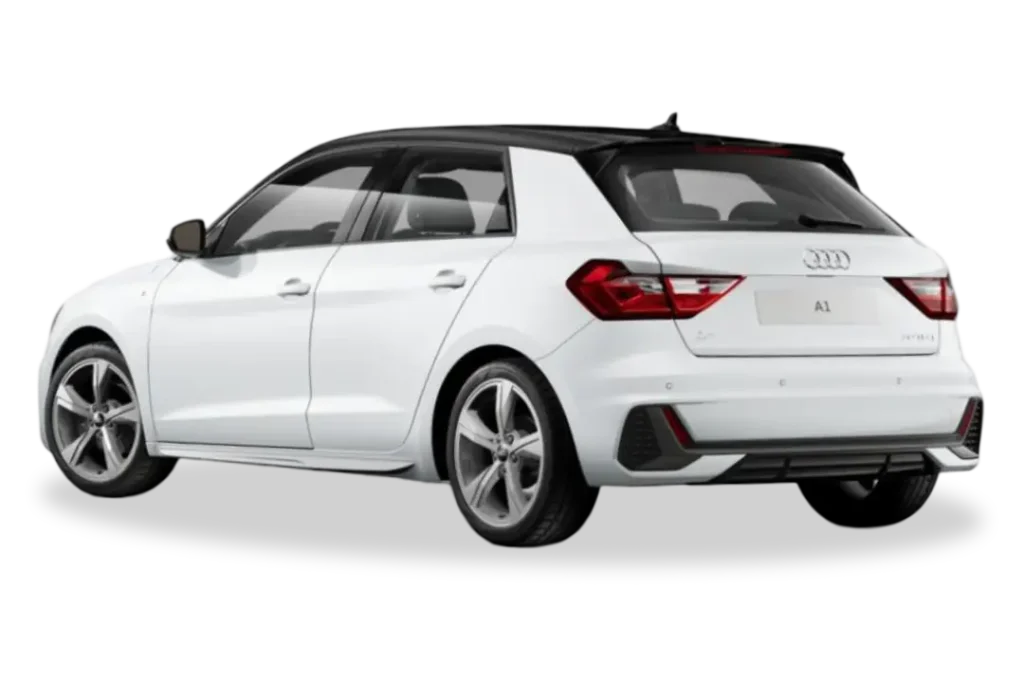 Parte trasera de un coche Audi blanco aparcado en exterior, vista de la zaga y los pilotos traseros