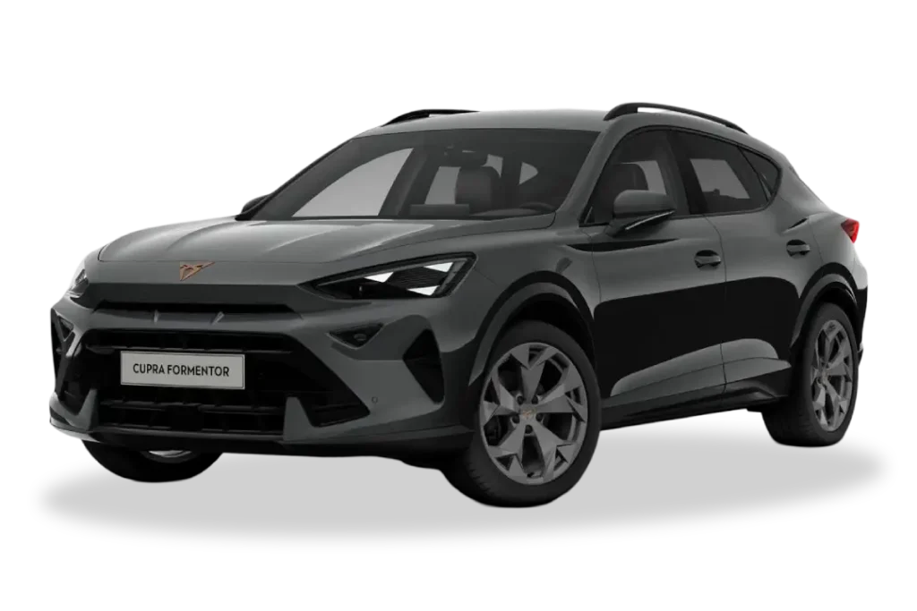 CUPRA Formentor gris Magnetic de renting, SUV deportivo aparcado en exterior, vista lateral en alta calidad