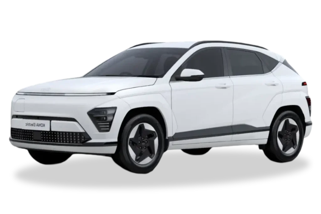 Hyundai Kona blanco de renting, vista lateral del SUV compacto en oferta en Movento Renting