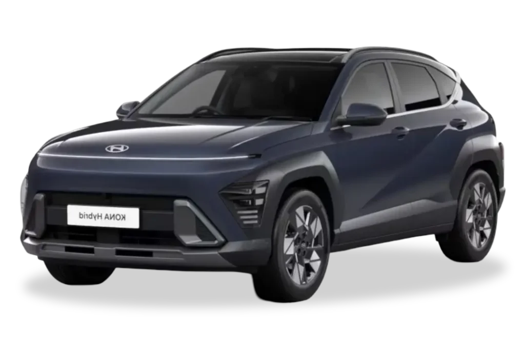 Hyundai Kona acabado Denim azul en oferta de renting, vista lateral del SUV compacto aparcado en exterior urbano