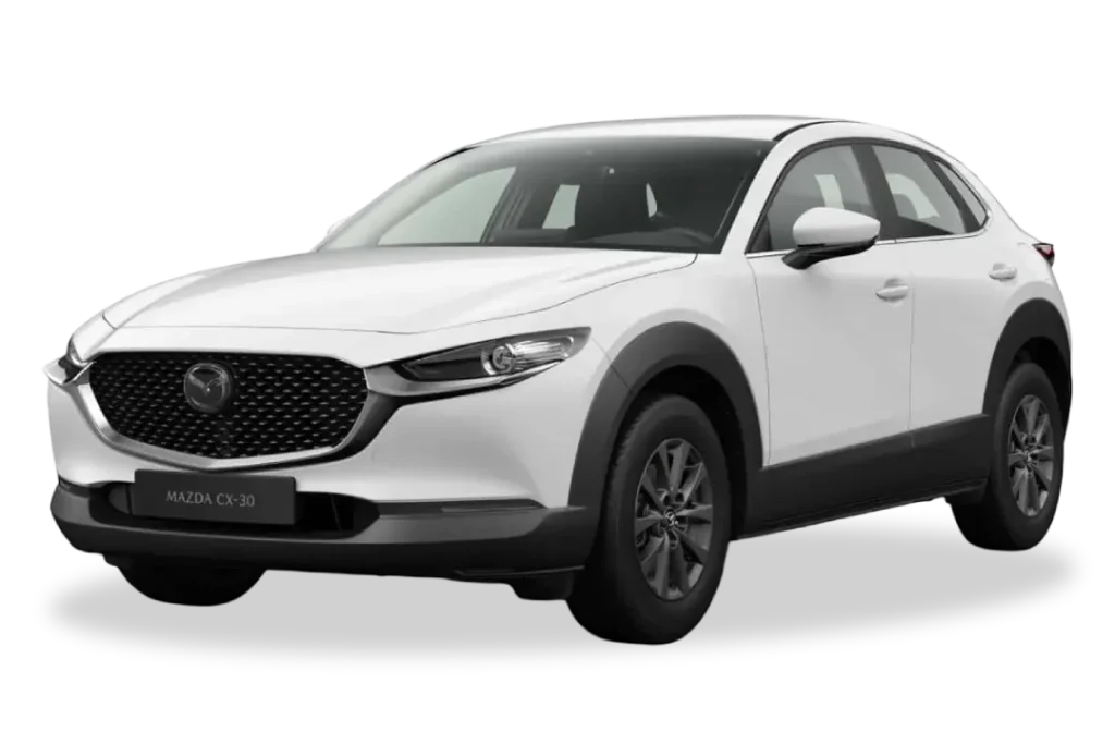 Mazda CX-30 blanco de renting en vista lateral, SUV compacto aparcado en exterior sobre fondo neutro