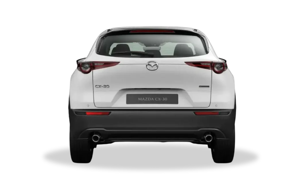 Mazda CX-30 blanco visto desde la parte trasera en oferta de renting en Movento Renting