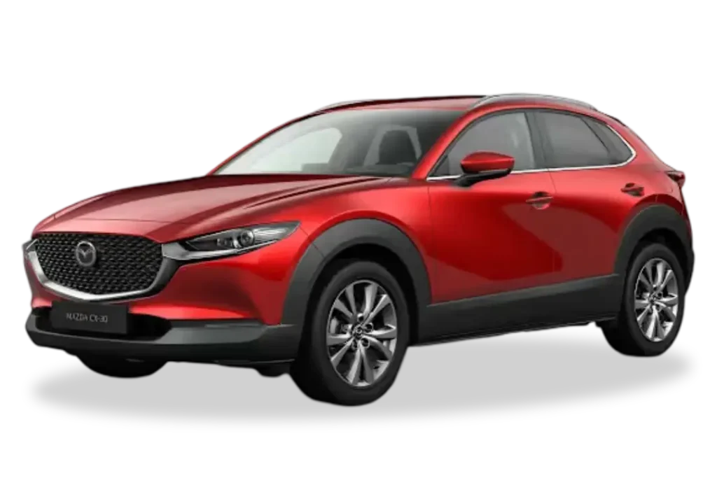 Mazda CX-30 rojo visto de perfil, SUV compacto disponible en oferta de renting en Movento Renting
