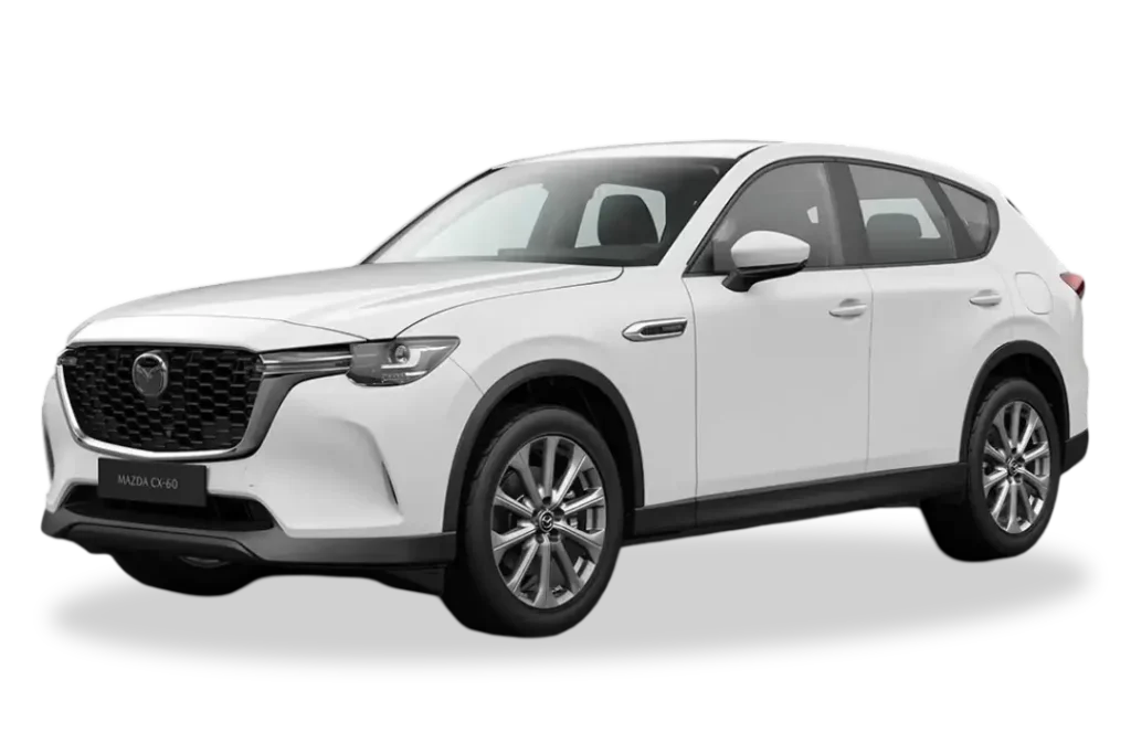 Mazda CX-60 blanco visto de perfil en estudio, SUV híbrido enchufable ideal para renting en España