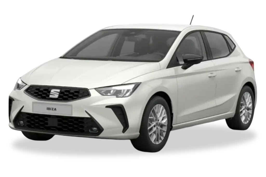 SEAT Ibiza blanco visto de perfil en estudio, coche compacto ideal para renting urbano y desplazamientos diarios