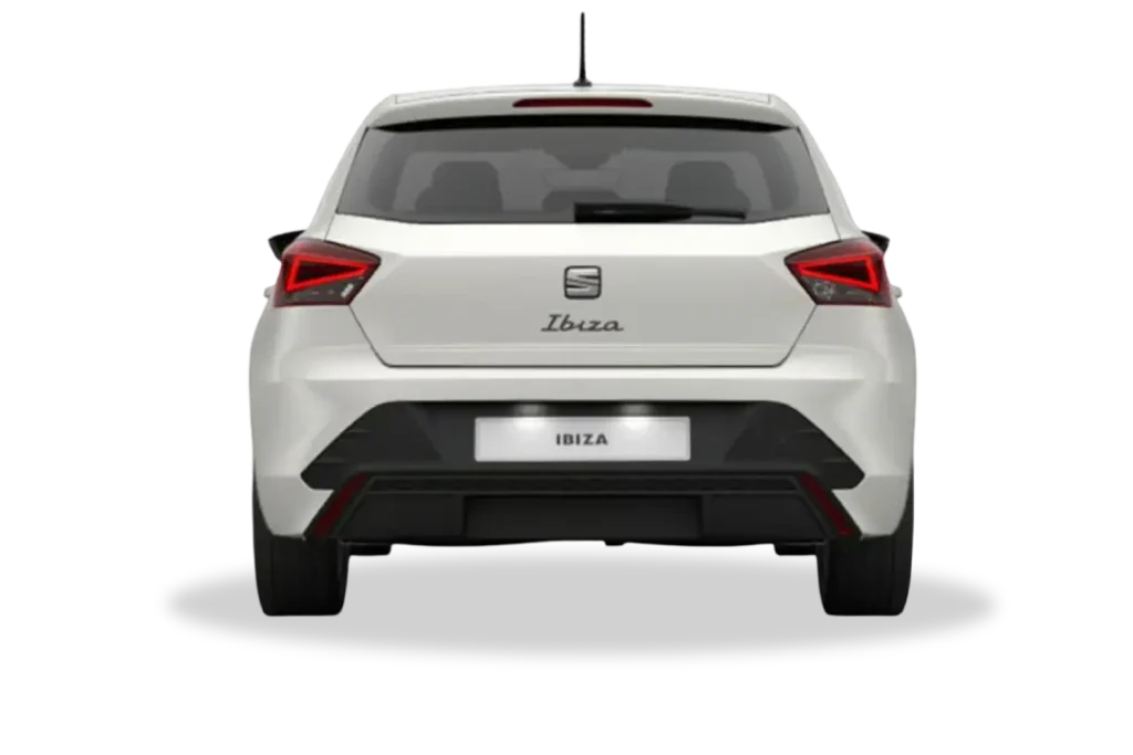 SEAT Ibiza blanco visto desde la parte trasera en oferta de renting en Movento Renting