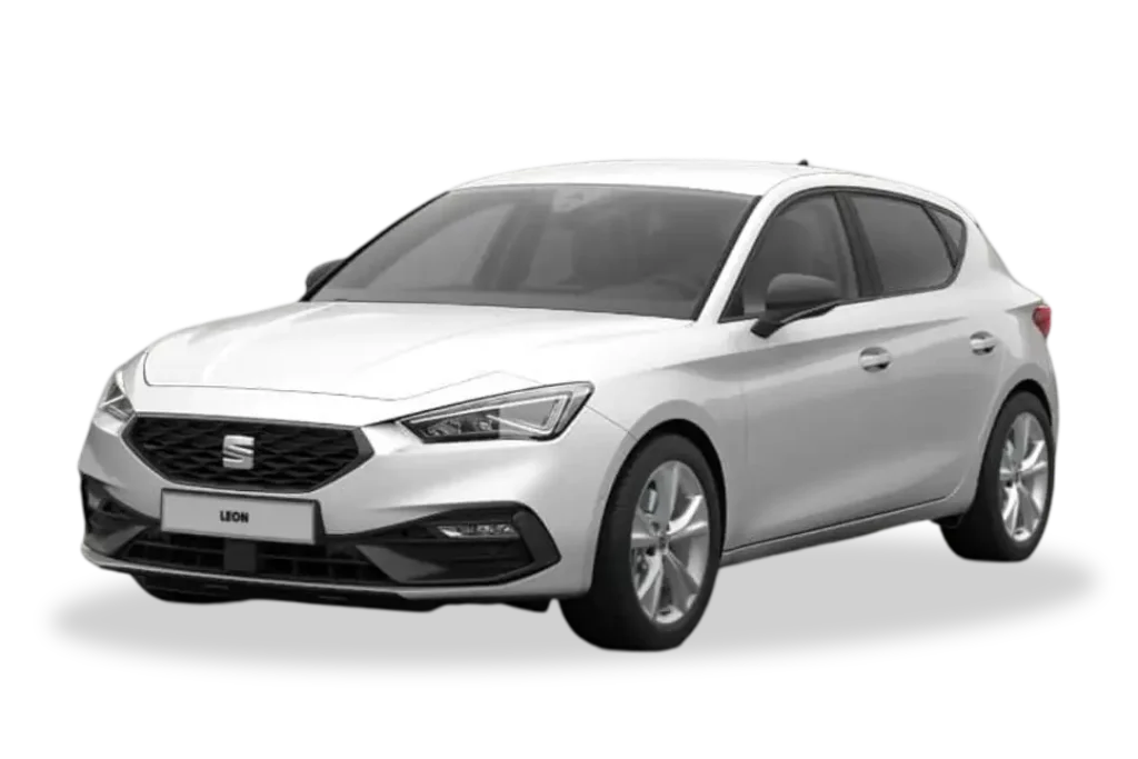 SEAT León blanco suave con cambio manual visto de perfil, vehículo compacto disponible en oferta de renting en España