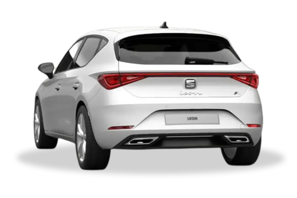 Vista trasera de un SEAT León blanco suave con cambio manual, destacado en la oferta de renting de Movento Renting