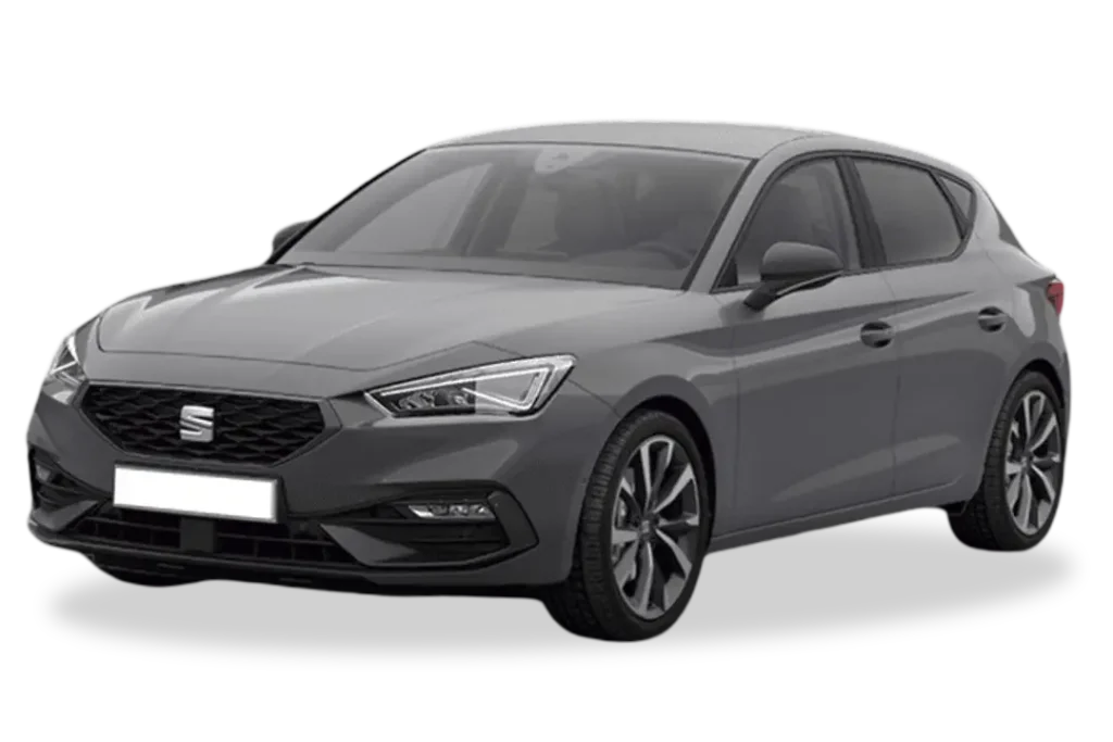 SEAT León gris grafito con cambio manual en oferta de renting, vista lateral del vehículo estacionado