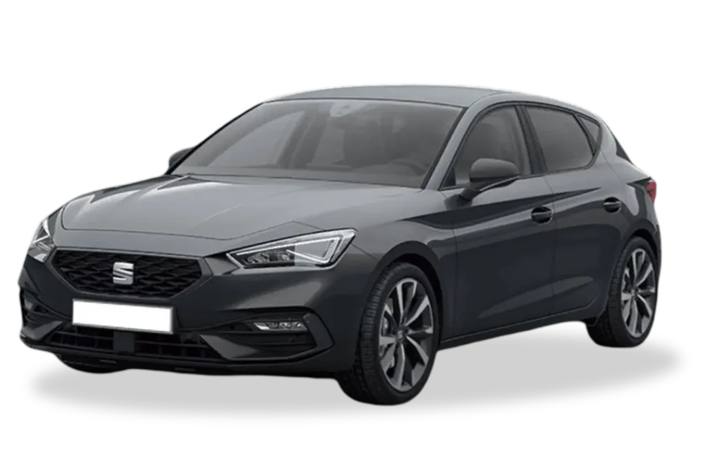 SEAT León gris magnético de renting con cambio manual, vista lateral-delantera en estudio sobre fondo claro