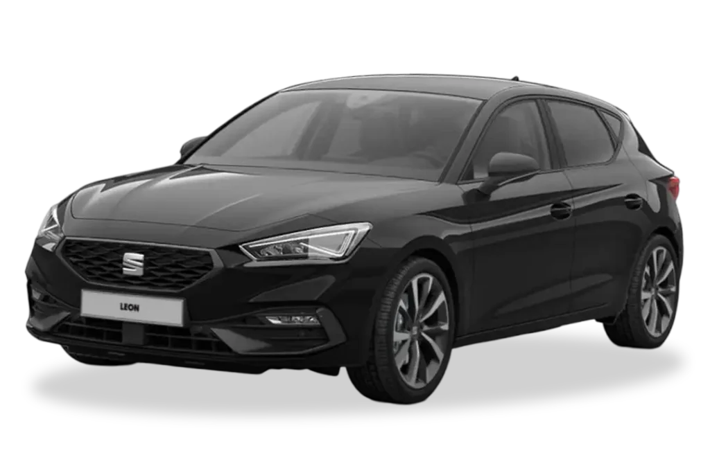 SEAT León negro metalizado con cambio manual, vista lateral en oferta de renting en Movento Renting