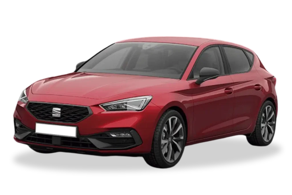 SEAT León rojo metalizado con cambio manual en oferta de renting, vista lateral del compacto aparcado en exterior