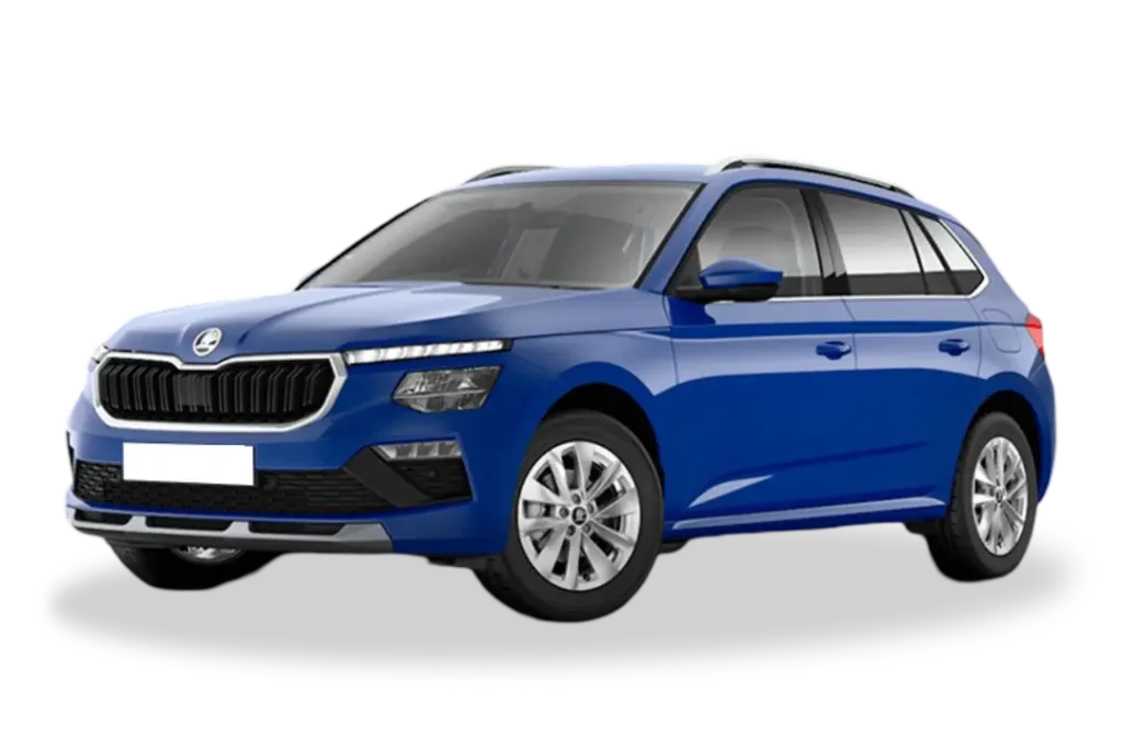 Skoda Kamiq azul Energy en oferta de renting flexible Movento Renting, vista lateral en exterior urbano