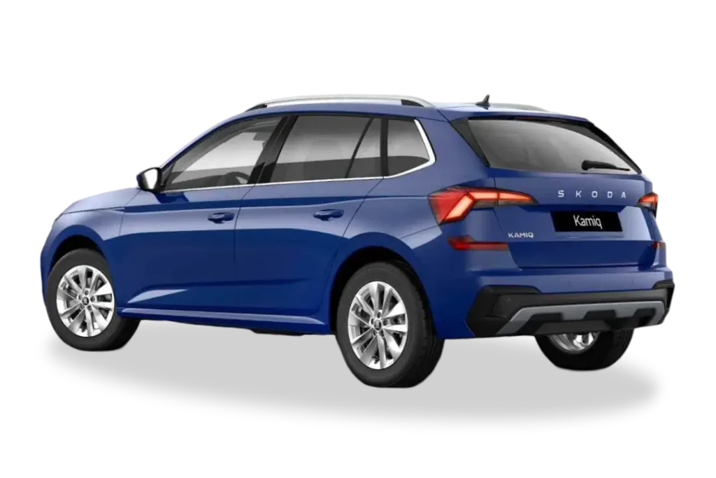 Parte trasera de un Skoda Kamiq azul Energy en oferta de renting flexible con Movento Renting