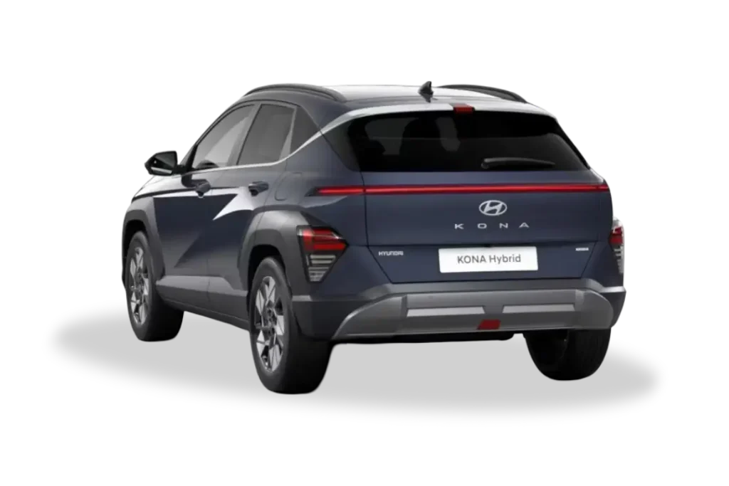 Hyundai Kona azul Denim visto desde la parte trasera, aparcado en exterior, modelo disponible en renting con Movento Renting